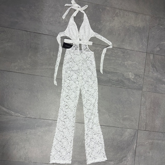 Outcast Suede Jumpsuit White Lace XS Pantsuit Halter Plunge Festival Sheer NWT - Picture 3 of 10